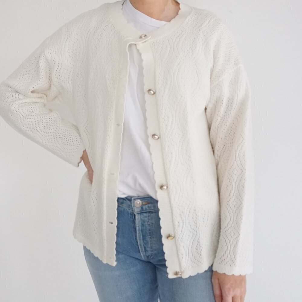 Vintage Intense Functionals Cream Eyelet Button Up Cardigan Sweater Size 38